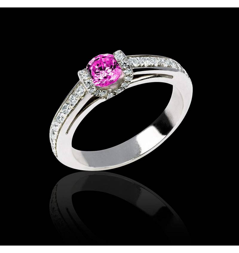 Bague de fiançailles saphir rose pavage diamant or blanc Hera