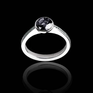 Bague de fiançailles diamant noir rond pavage diamant or blanc Moon