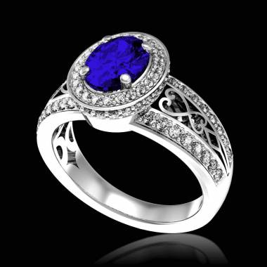 Bague de fiançailles saphir bleu pavage diamant or blanc Tsarine