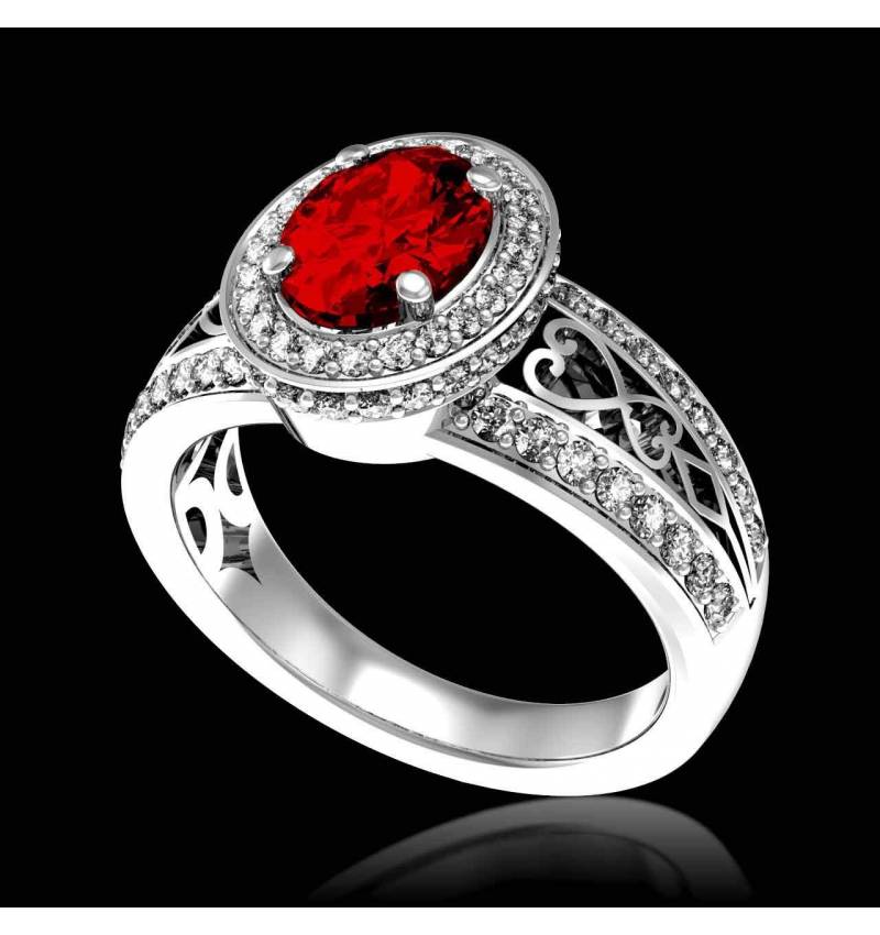 Bague de fiançailles rubis pavage diamant or blanc Tsarine