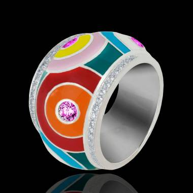 Bague saphir rose pavage diamants or blanc laque Color Pop