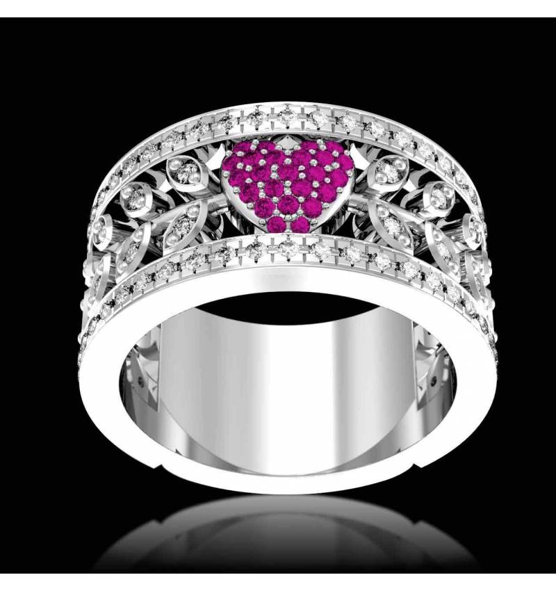 Bague de fiançailles saphir rose pavage diamant or blanc Flowers of Love