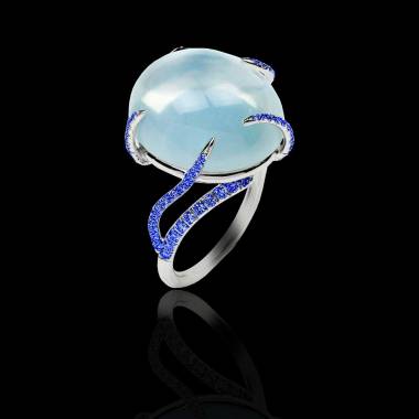 Bague de fiançailles saphir bleu 0,9 carat or blanc Pierre de Lune