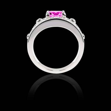 Bague Solitaire saphir rose forme émeraude pavage diamant or blanc Régina Suprema 