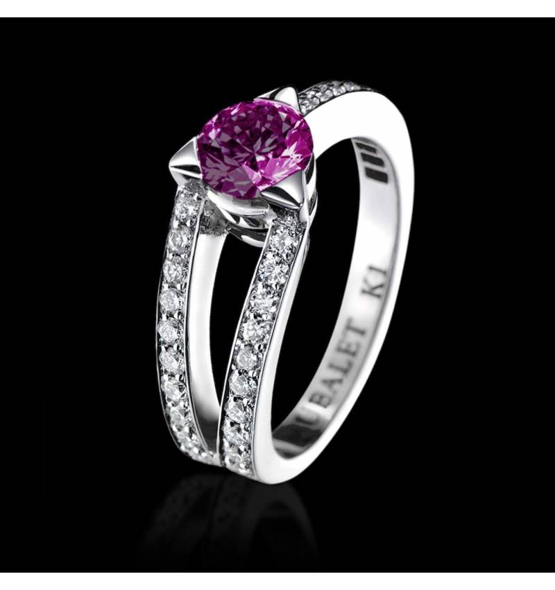 Bague de fiançailles saphir rose pavage diamant or blanc Plena Luna