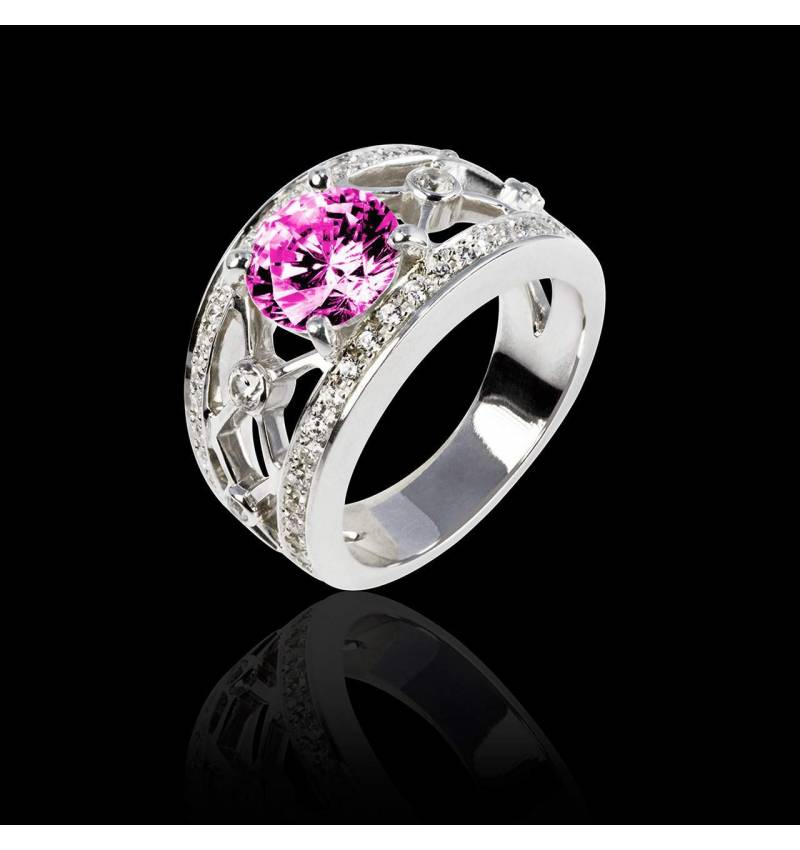 Bague de fiançailles saphir rose forme rond pavage diamant or blanc Régina Suprema 