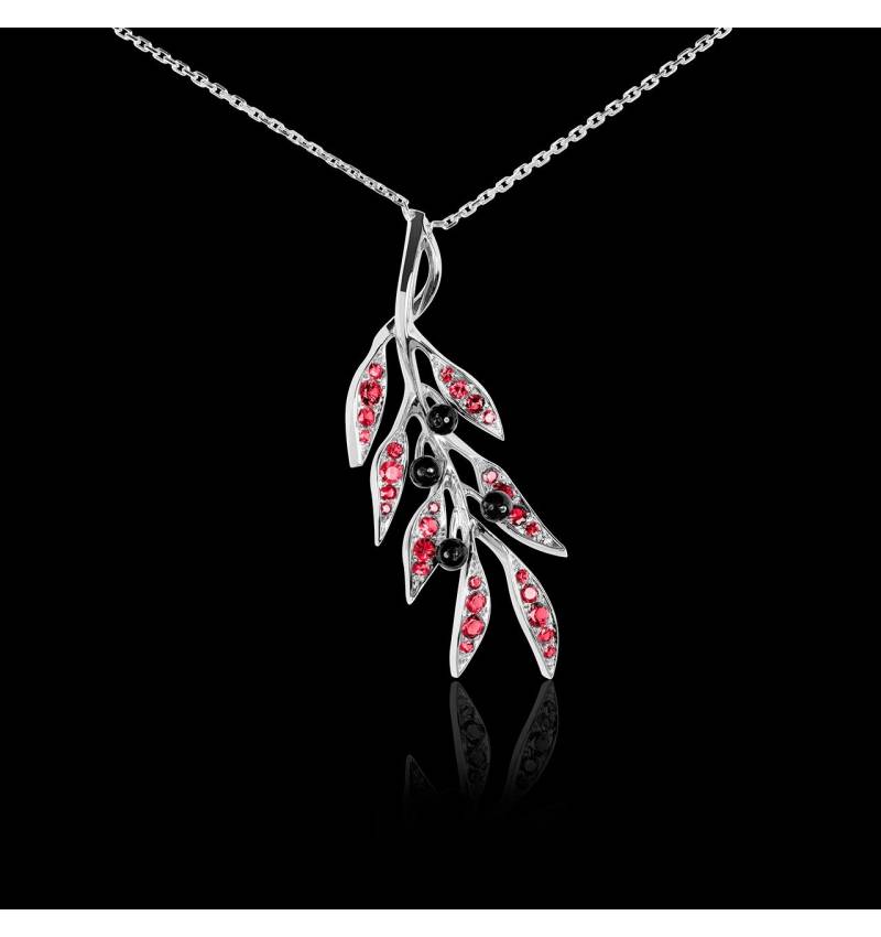 Pendentif pavage rubis et olives en onyx noire or blanc 18 K (4,5 g), chaîne en or 18 K Branche d’Olivier