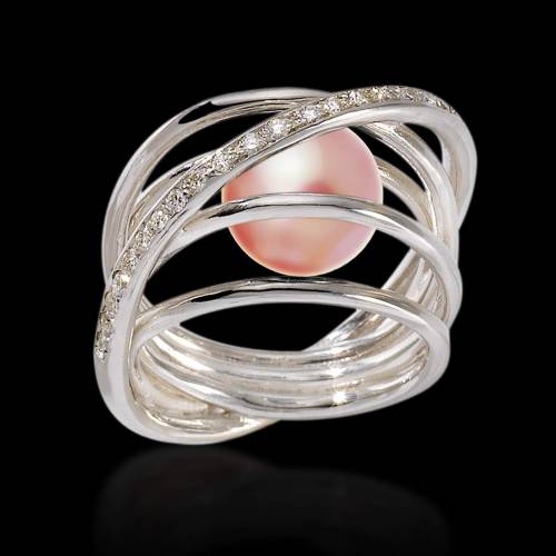 Bague de fiançailles perle rosée pavage diamant en or blanc 18 K Cache Cache