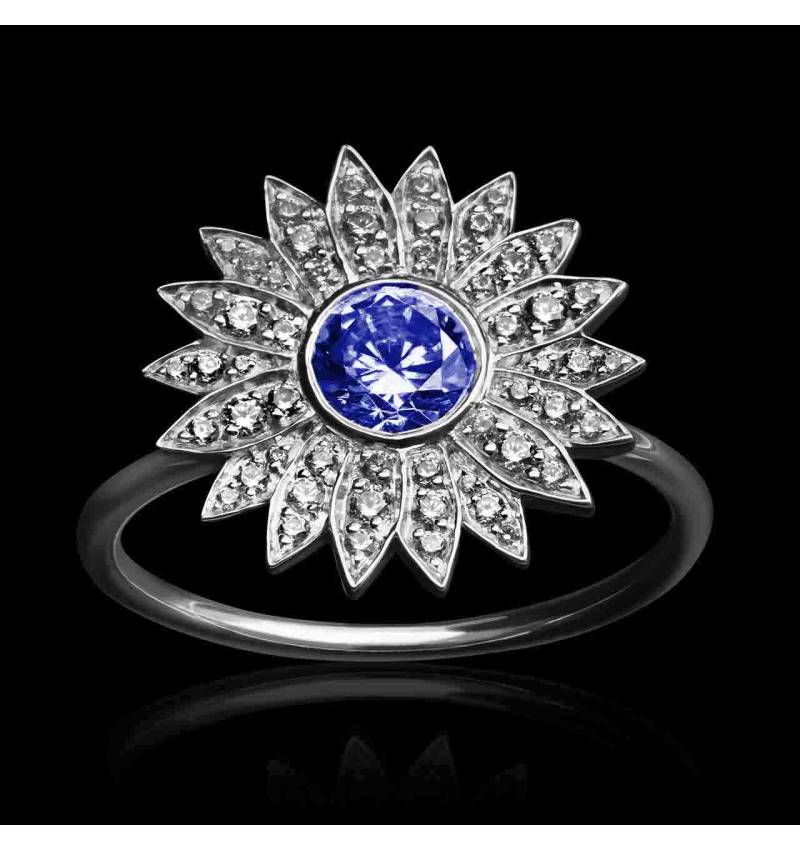 Bague saphir bleu-or blanc-diamant-Marguerite